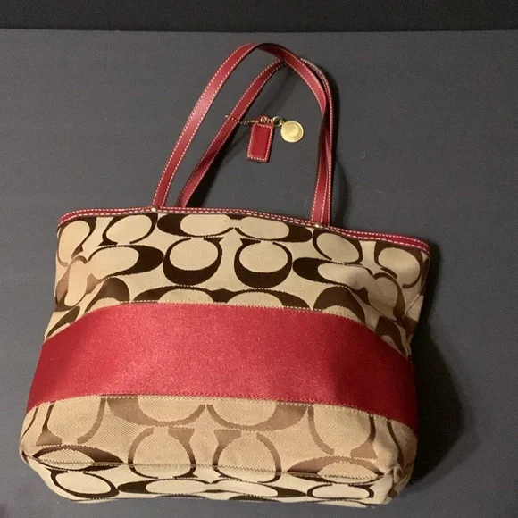 Authentic COACH Signature Tote Bag. Brown/Burgundy. Leather Trim. - Picture 2 of 7